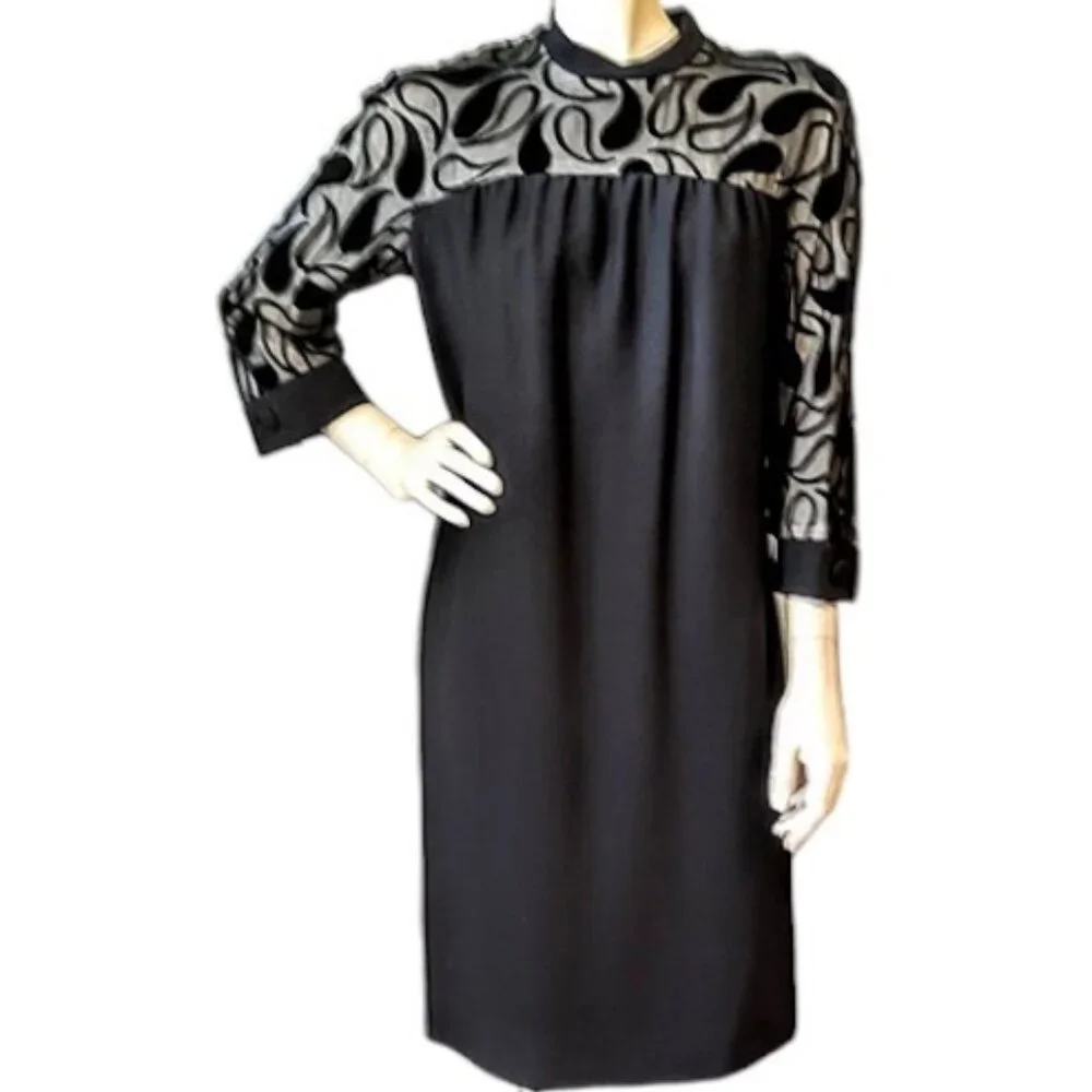 1960s Vintage Black Cocktail Dress With Sheer Top & Black Paisley Designs LBD - Picture 1 of 11